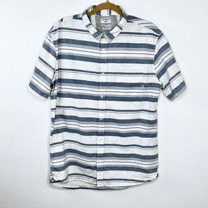 Quiksilver Men Short Sleeve Button Up Shirt Large Regular Fit Blue White Stripe